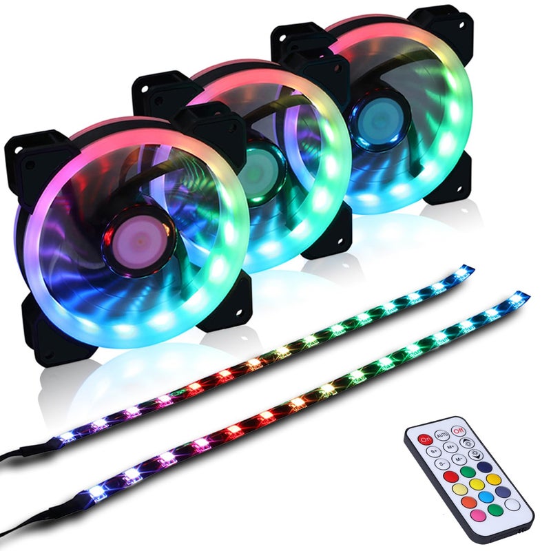DS leddess DS 120MM Ring RGB Case Fans with Controller for PC Cases, Computer Case ATX Full Tower, Middle Tower (LED Fans 3PACK Kit, 2PACK LED Strip, 1st GEN Hub Box, A Series) - Image 1